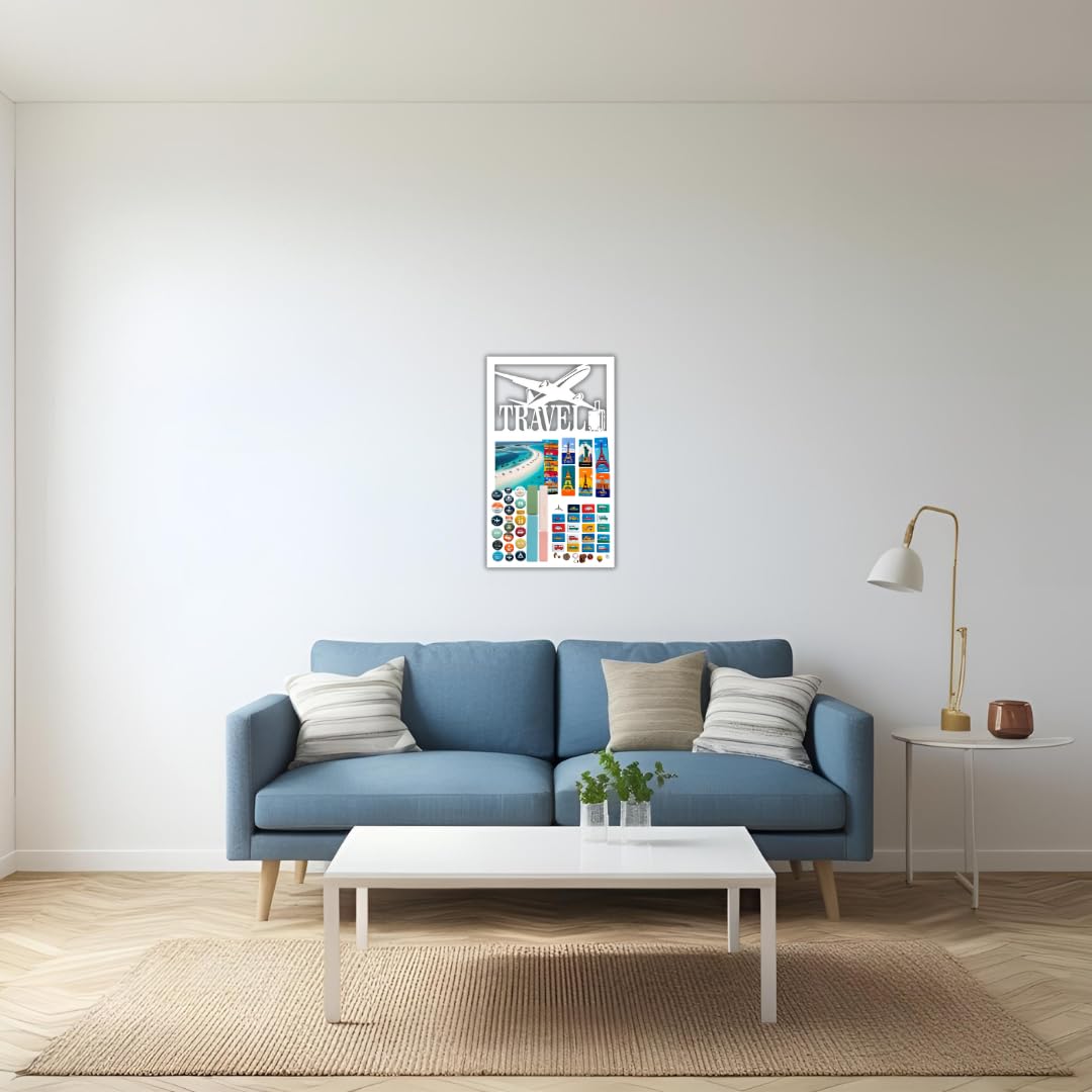 Magnettafel Klein & Groß - Magnettafel mit Reise Motiv - perfekt für Magnete und Notizen - Magnetboard - Schreibtafel - Montageset inklusive - 80x50 cm - Weiß