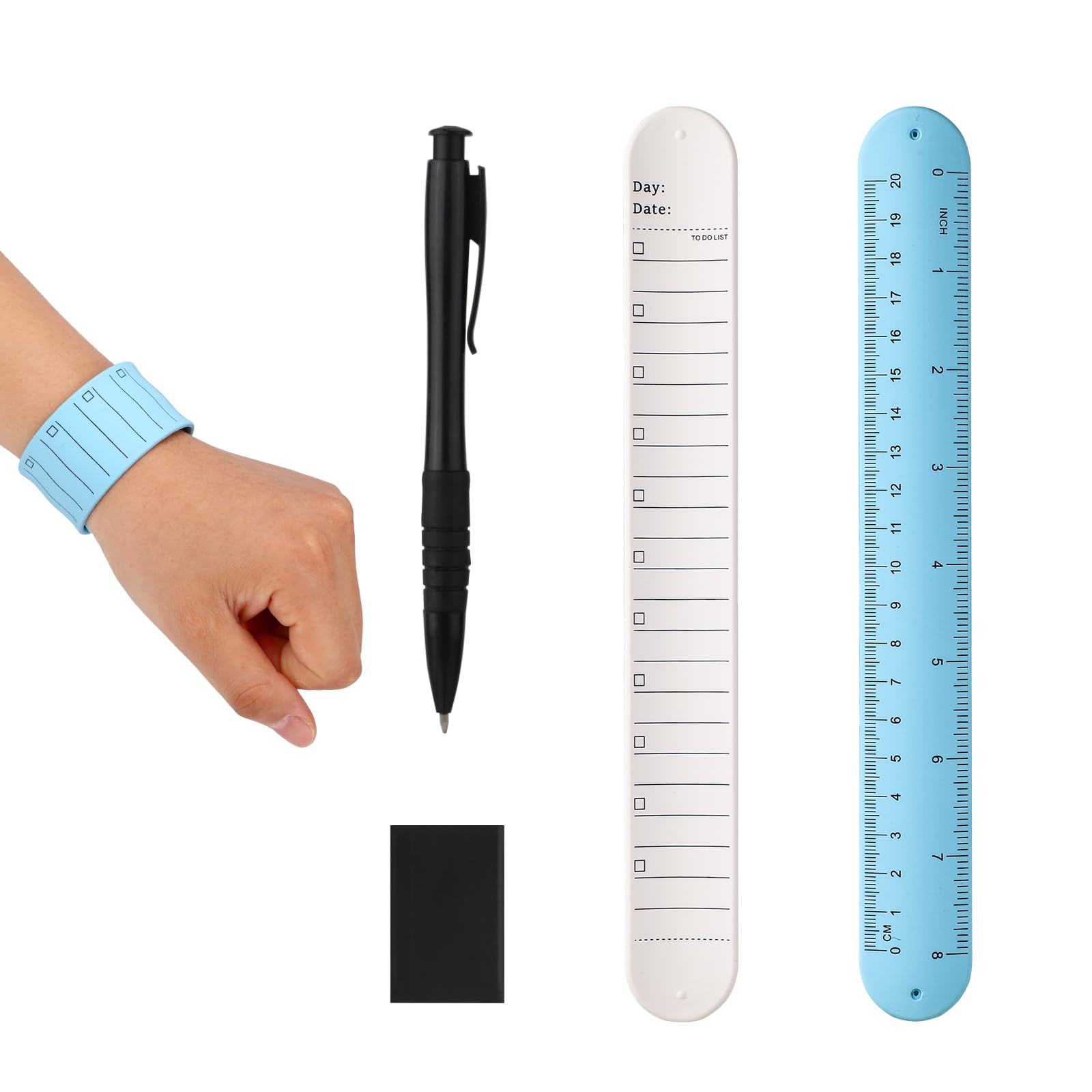 Wrist Notepad, 9.37x1.18x0.1in Erasable Wearable to Do List Reminder Bracelet Silicone Reusable Notes Memo Wristband with Pen Eraser Slap Ruler for Students Nurses Daily Planner (2, White Blue) โ image 1
