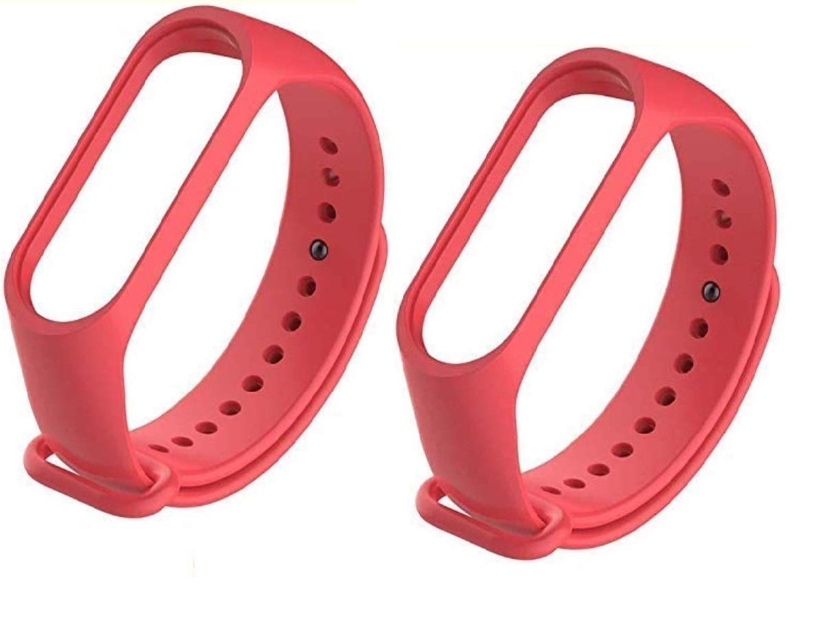 Hadwin Adjustable Silicone Strap Compatible for Mi Band 3 / Mi Band 4 (Combo Pack, Pack of 2) (Red & Red)