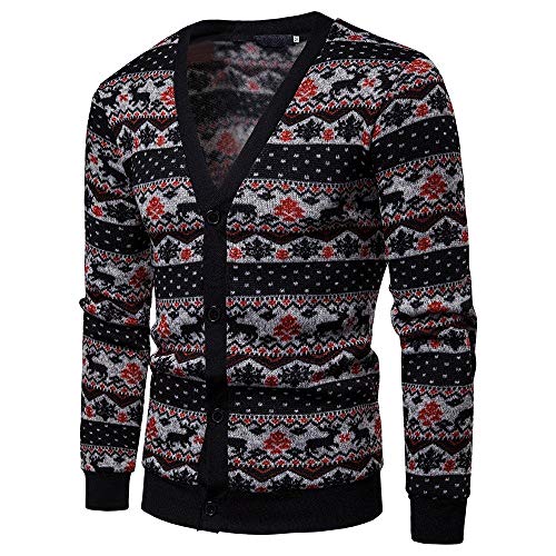 Men's Christmas Reindeer Holiday Sweater Cardigan Cute Ugly Pullover Knit Snowflake Coat Autumn Black