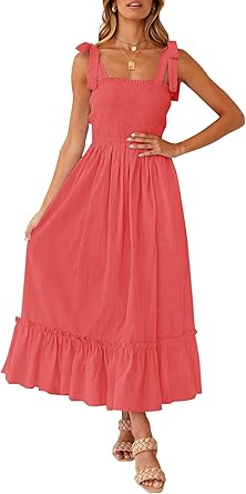 ZESICA Women's 2023 Summer Boho Spaghetti Strap Square Neck Solid Color Ruffle A Line Beach Long Maxi Dress