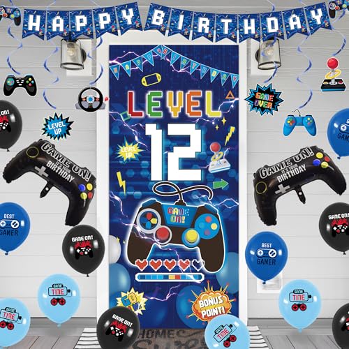 Image of Vlipoeasn Blue 12th Birthday Decorations for Boys, Video Game Level 12 Banner Backdrop Hanging Swirls for 12th Birthday Party, Gamer 12 Years Old Party Supplies