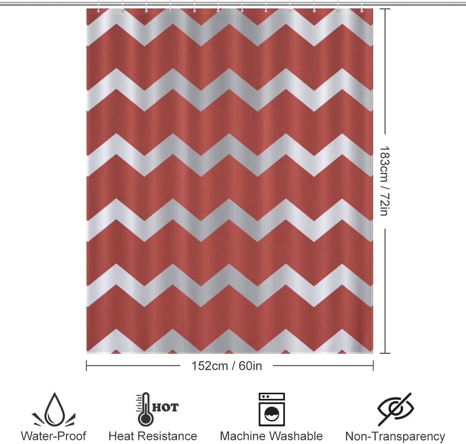 Shower Curtain Liner Set, Chevron Silver Gray Grey Stripes Red Waterproof Washable Bathroom Curtains with 12 Hooks, 60 x 72inch