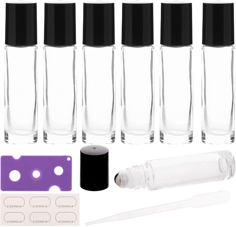 ZIZEMOJA Frascos de vidro transparente com aplicador roll-on de 10 mL, pacote com 6, com esferas de aço inoxidável, etiquetas, abridor e conta-gotas