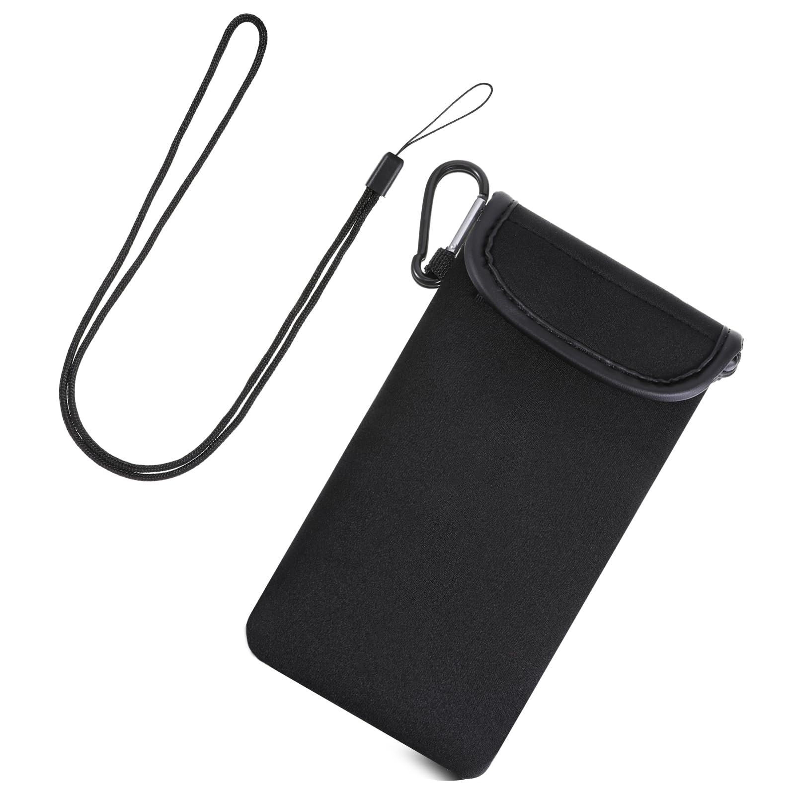 Neopren Handy Tasche mit Umhängeband und Karabiner Universelle Handytasche 7 Zoll Lang (Schwarz)