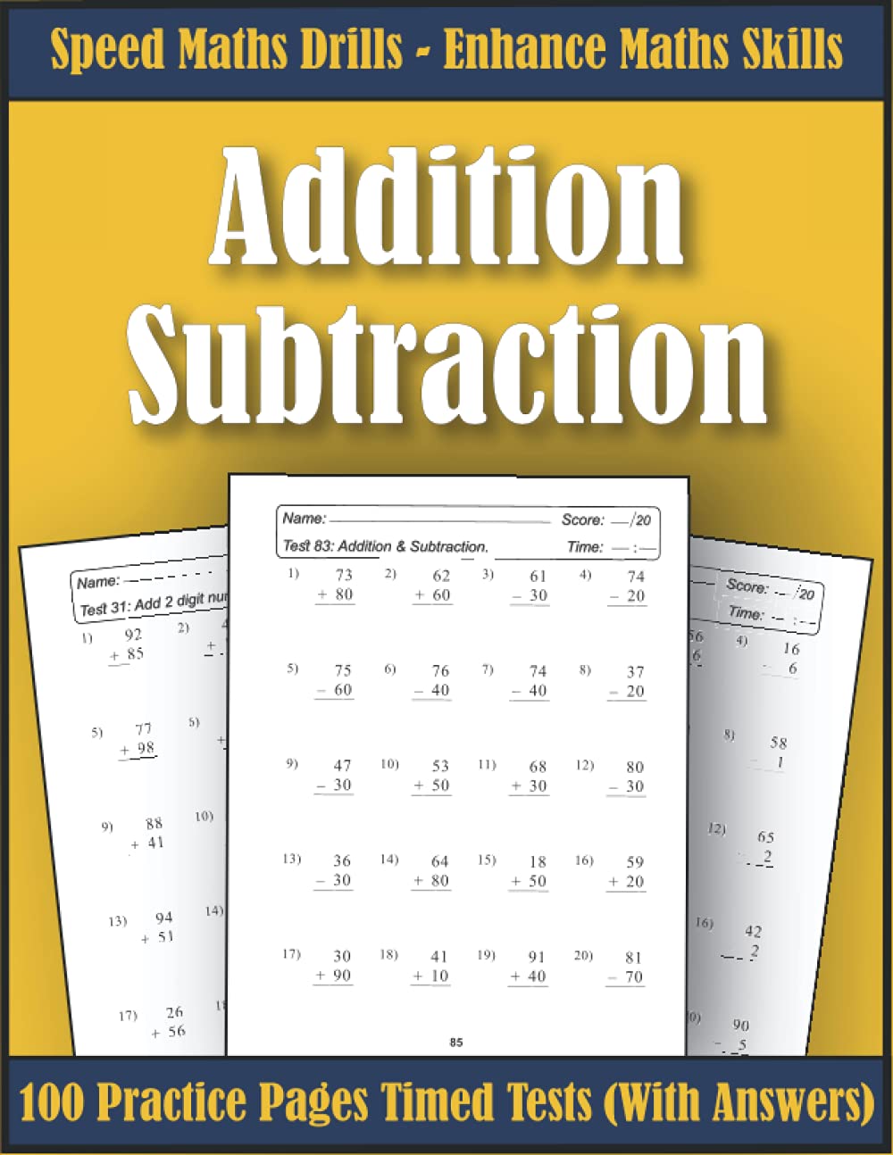 KS1 Maths Addition and Subtraction Year 2: 100 Practice Pages of Timed Tests - Answer Key Included - Add and Subtract - Single Digit, Double Digit - Workbook for Children Ages 6-7 Year Olds - Grade 1