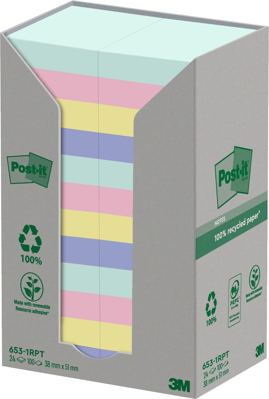 Post-it Recycled Notes, Assorted Colours, 38 mm x 51 mm, 100