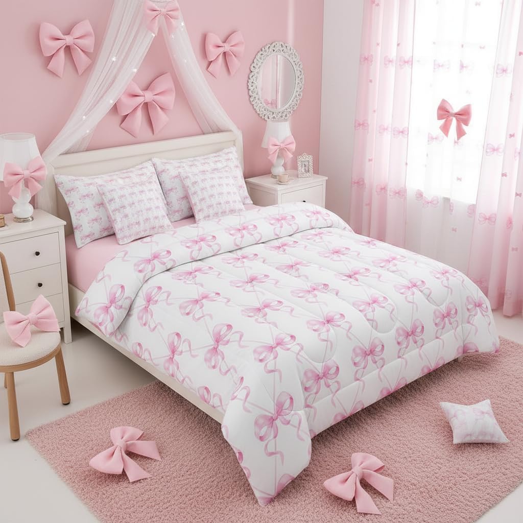 Erosebridal Pink Bowknot Comforter Set Ribbon Bow Bed in A Bag Twin Size 7 Pieces Bow Tie Bed Set Room Decor Cute Girly Bedding with Sheets