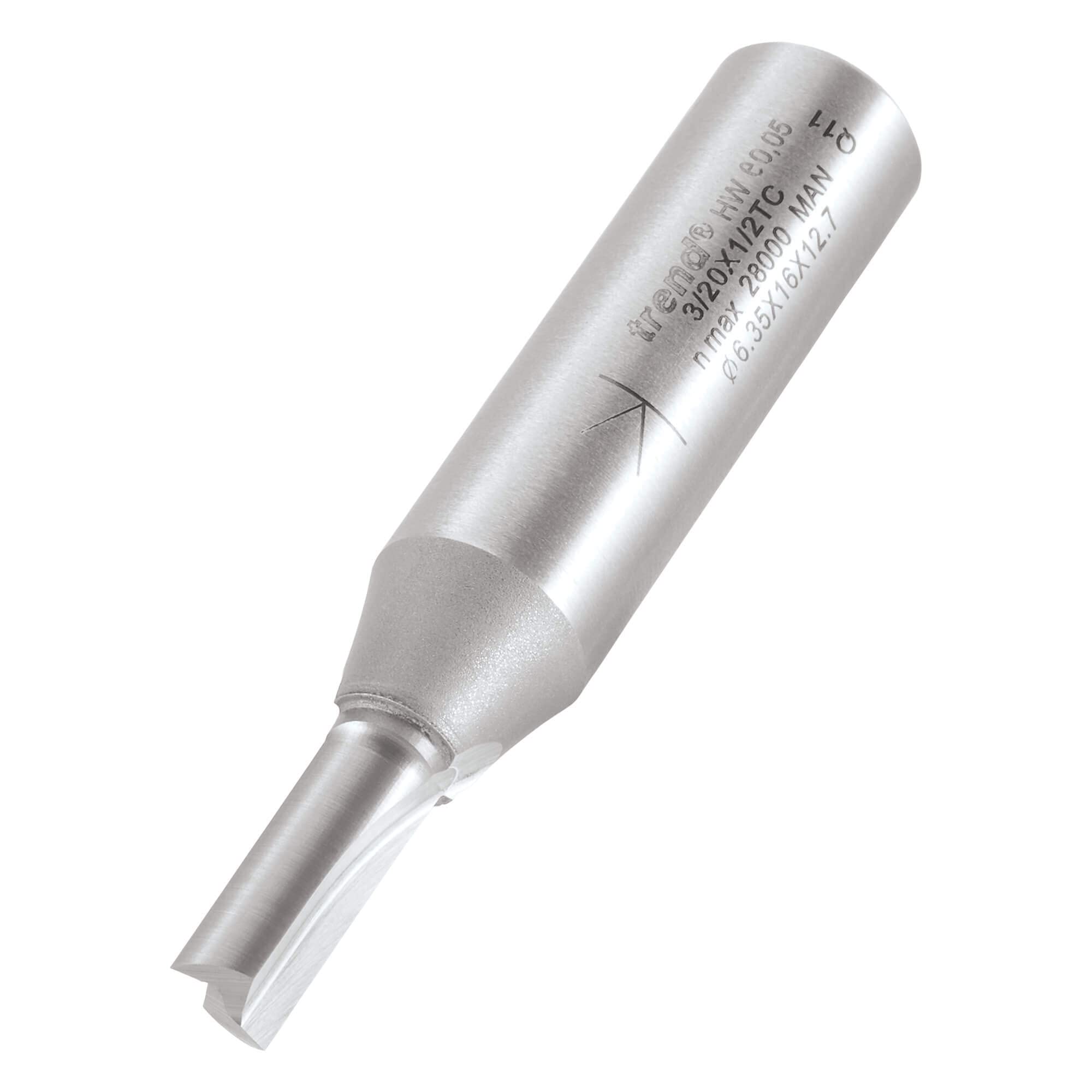 Trend Professional Straight Two Flute Router Cutter, 1/2 Inch Shank, 6.3mm Cut Diameter, Tungsten Carbide Tipped, 3/20X1/2TC
