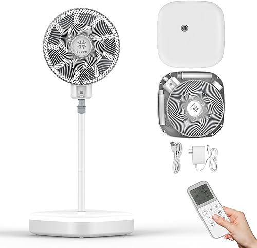 EVYON Ventilador de pie de 12.8 pulgadas, ventilador silencioso de 15 db para dormitorio, ventilador plegable con control remoto, motor de CC de