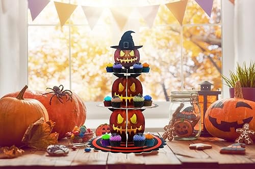 Miniatura 5 de ALIBBON Soporte para cupcakes de Halloween, torre de 3 niveles para cupcakes, soporte para postres de cartón negro, bandeja para servir cupcakes de