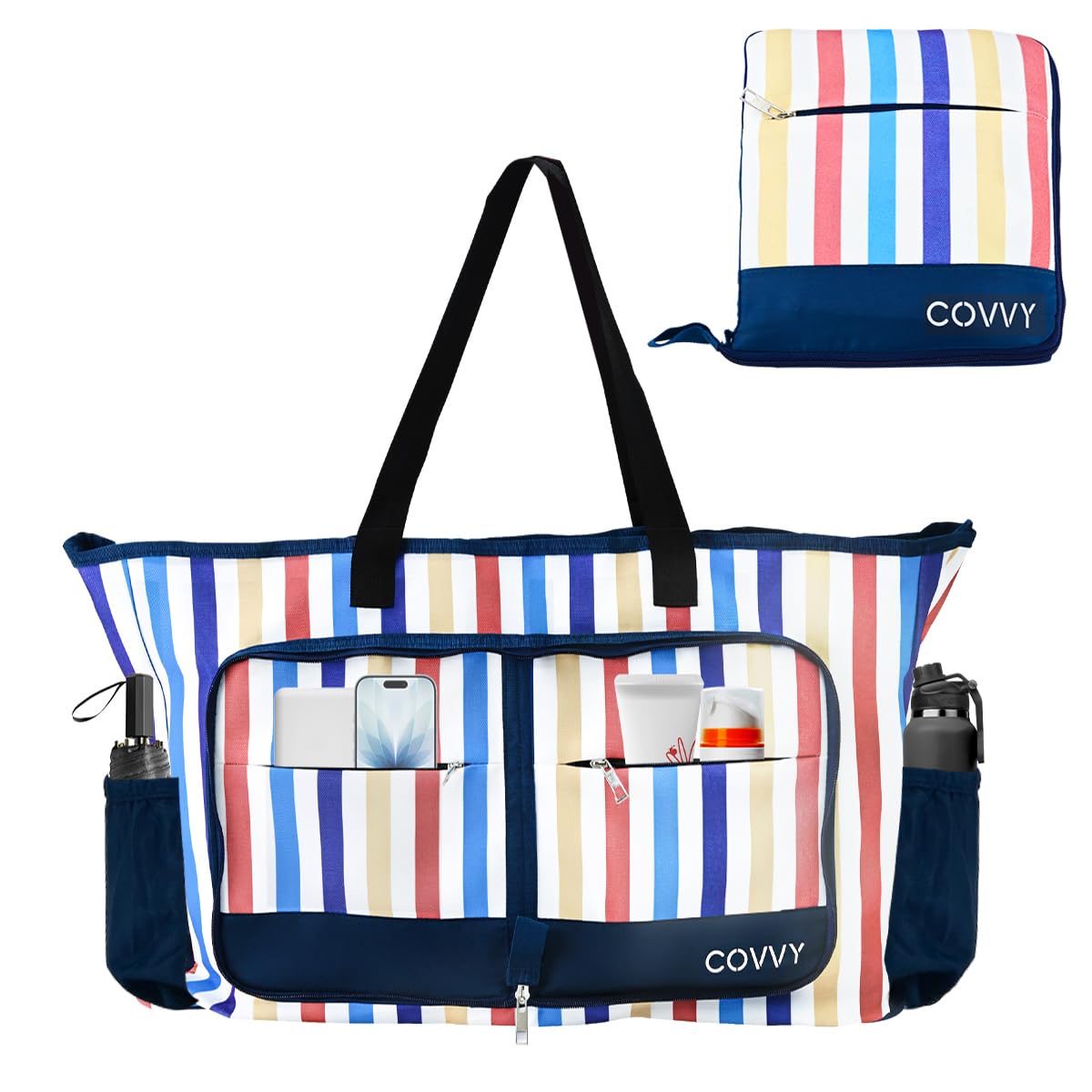 Sac de plage, sac fourre-tout extra large pour femme avec fermeture éclair, étui étanche pour téléphone, décapsuleur, plusieurs poches, résistant à l'eau et au sable, sac à bandoulière pliable