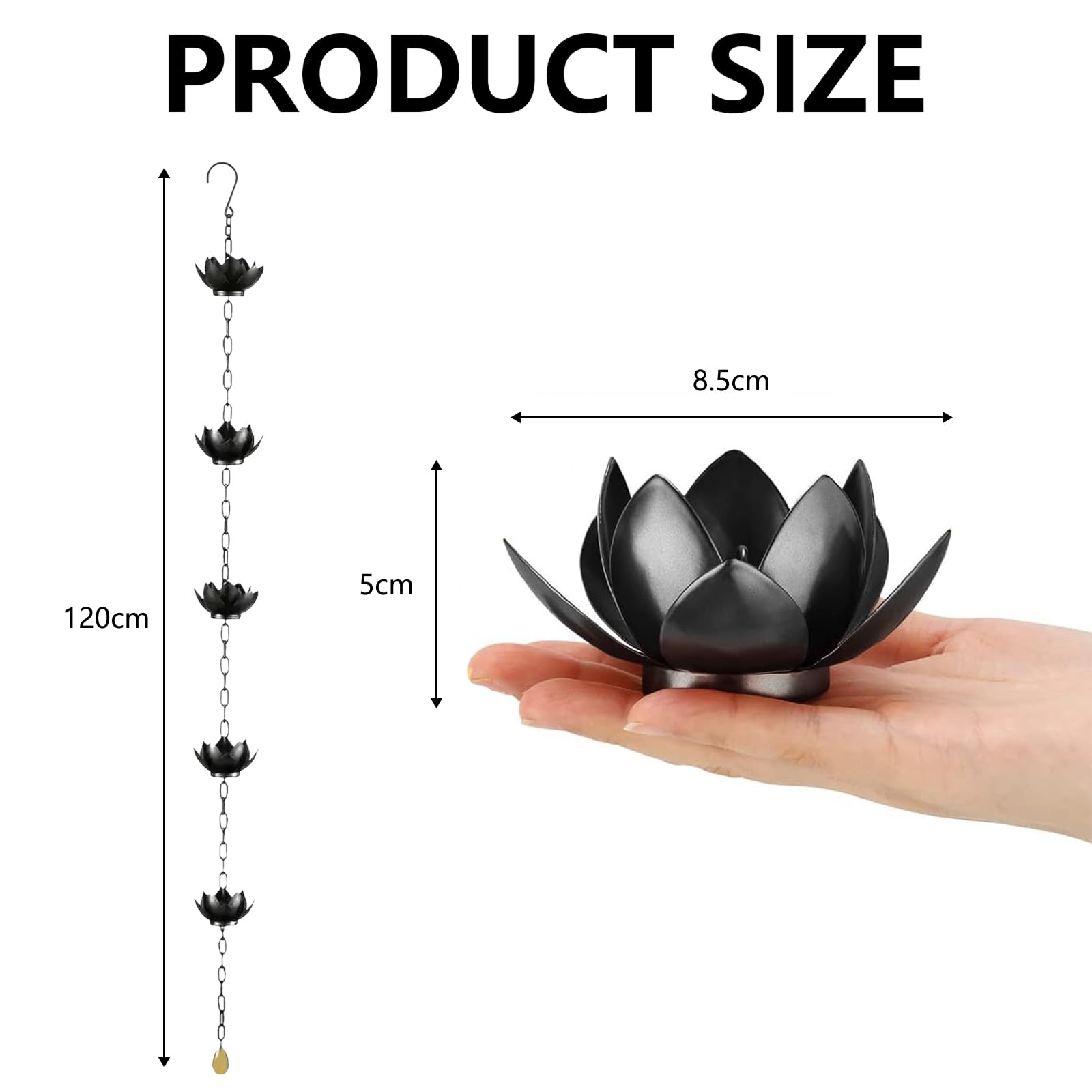 Catena Antipioggia, Catena Nera per Drenaggio dell'Acqua Piovana da 1,2 M A Forma di Loto in Ferro per Decorazioni Esterne per Casa E Giardino Efficiente Drenaggio dell'Acqua Piovana