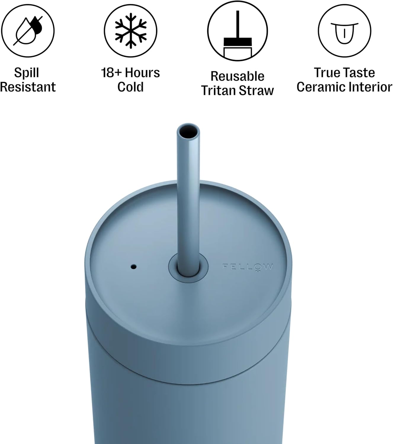 Fellow 16 oz Carter Cold Tumbler – Spill-Resistant Straw Lid, Stainless Steel Vacuum-Insulated Cup with Ceramic Interior and Reusable Straw for Cold Drinks,Fits Cup Holders,Dishwasher Safe,Hazy Blue