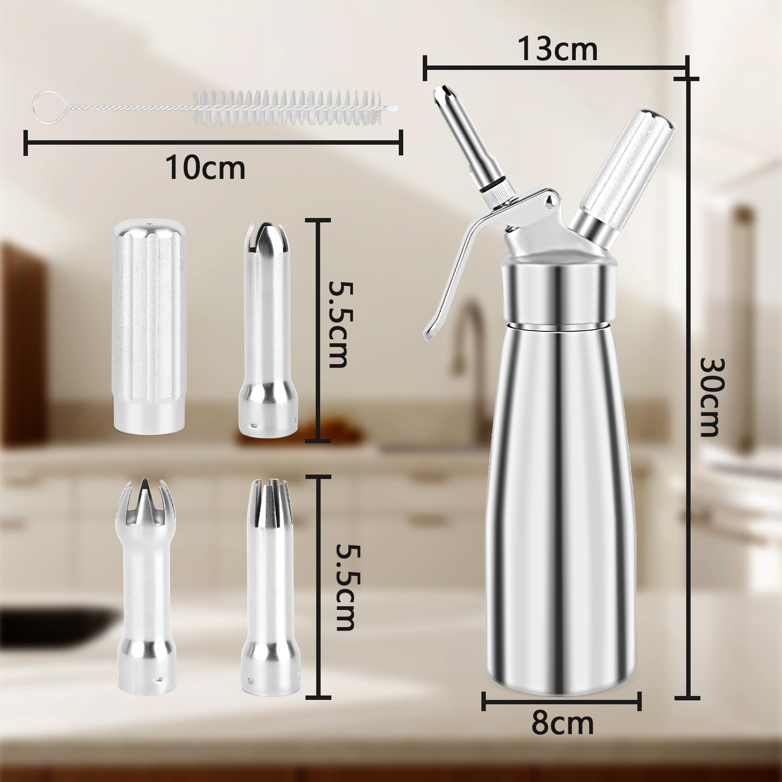 talifoca 500 ml Sifón de Cocina Espumas, dispensador de Crema sifon de Nata Aluminio con 3 boquillas acero Inoxidable y 1 Cepillo, Sifon de Nata para Decorar Pasteles de Cumpleaños, Helados y Postres