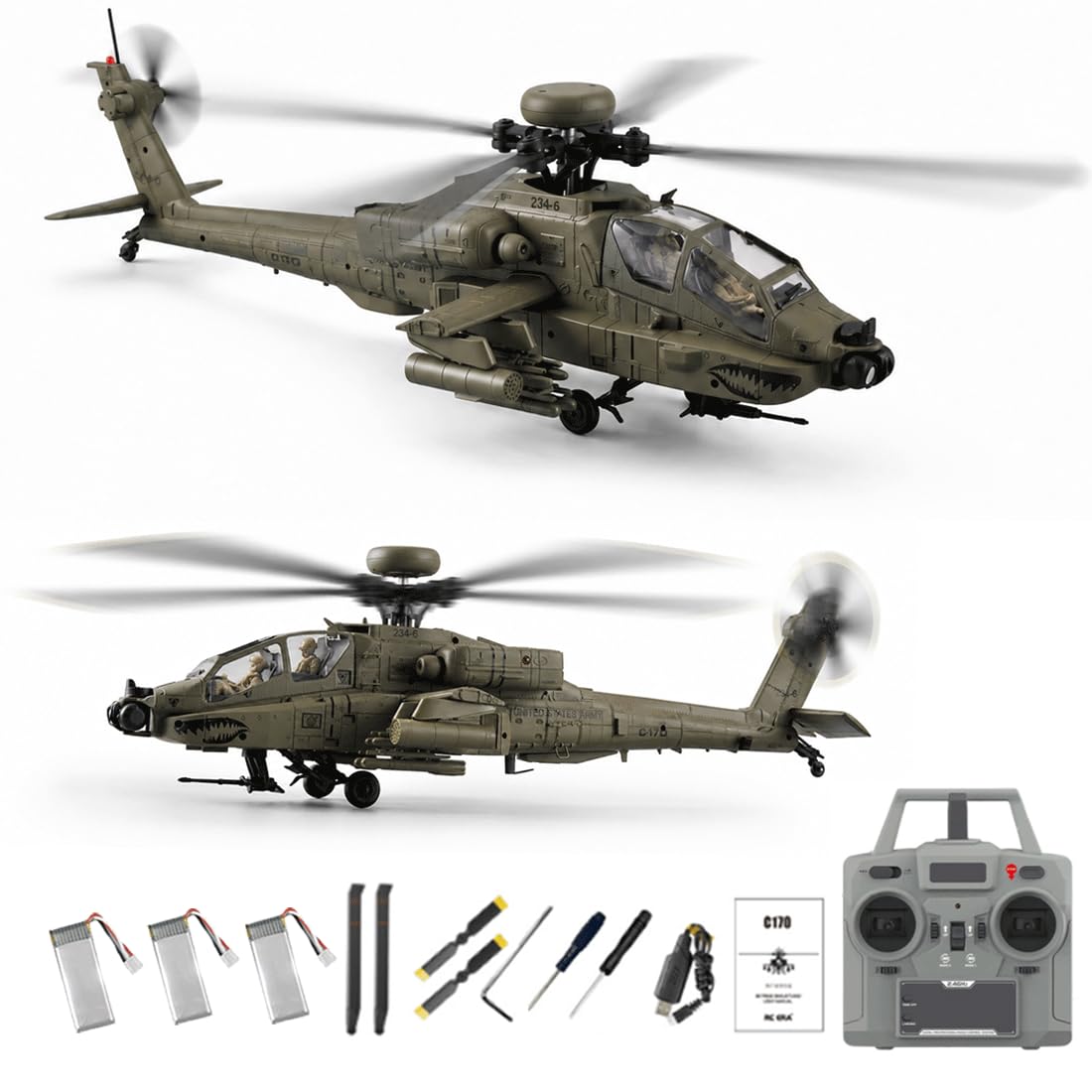 RC-ERA C170 AH-64D 1/48 Flybarless RC Helicóptero, avión de control remoto de 6 canales con potencia sin escobillas, posicionamiento de flujo óptico, aterrizaje de despegue con una tecla (verde