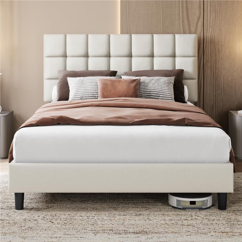 Yaheetech Marco de Cama Doble Acolchado Cuadrado 140×200cm Cabecero Ajustable en Altura con Base de Listones Color Beige
