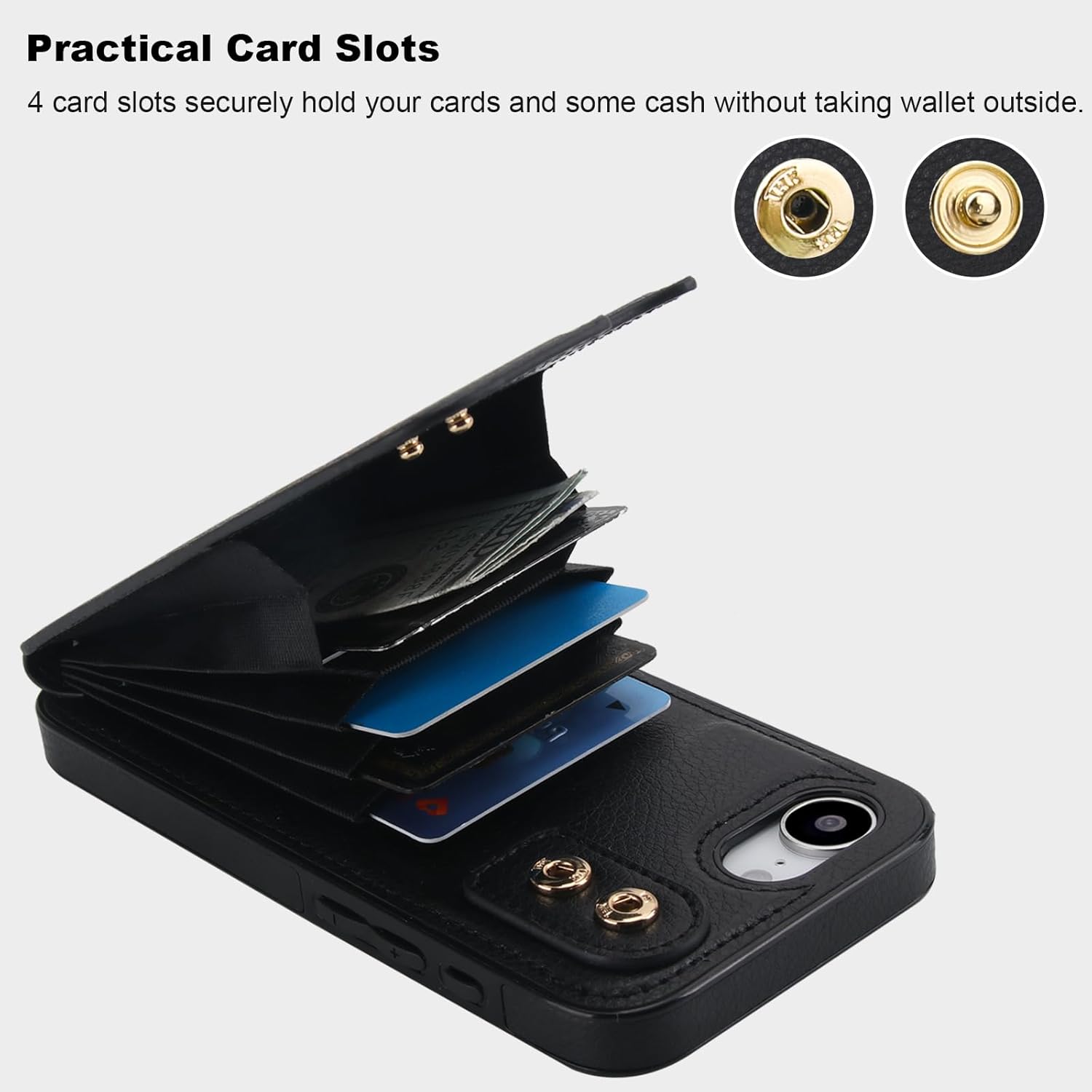 Folosu Compatible with iPhone 17e 16e Case Wallet with Card Holder, 360°Rotation Finger Ring Holder Kickstand, RFID Blocking Leather Protective Double Buttons Shockproof Cover 6.1 Inch Black