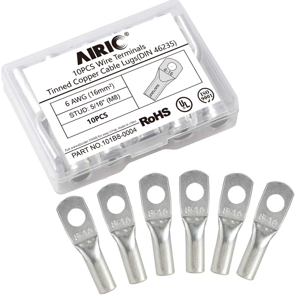AIRIC 6 Gauge Wire Lugs 5/16" Stud (M8) 10pcs UL Heavy Duty Battery Cable Lugs 6 AWG 5/16" Stud Cable Ends Tinned Copper Tubular Lugs Ring Terminal Connectors DIN 46235
