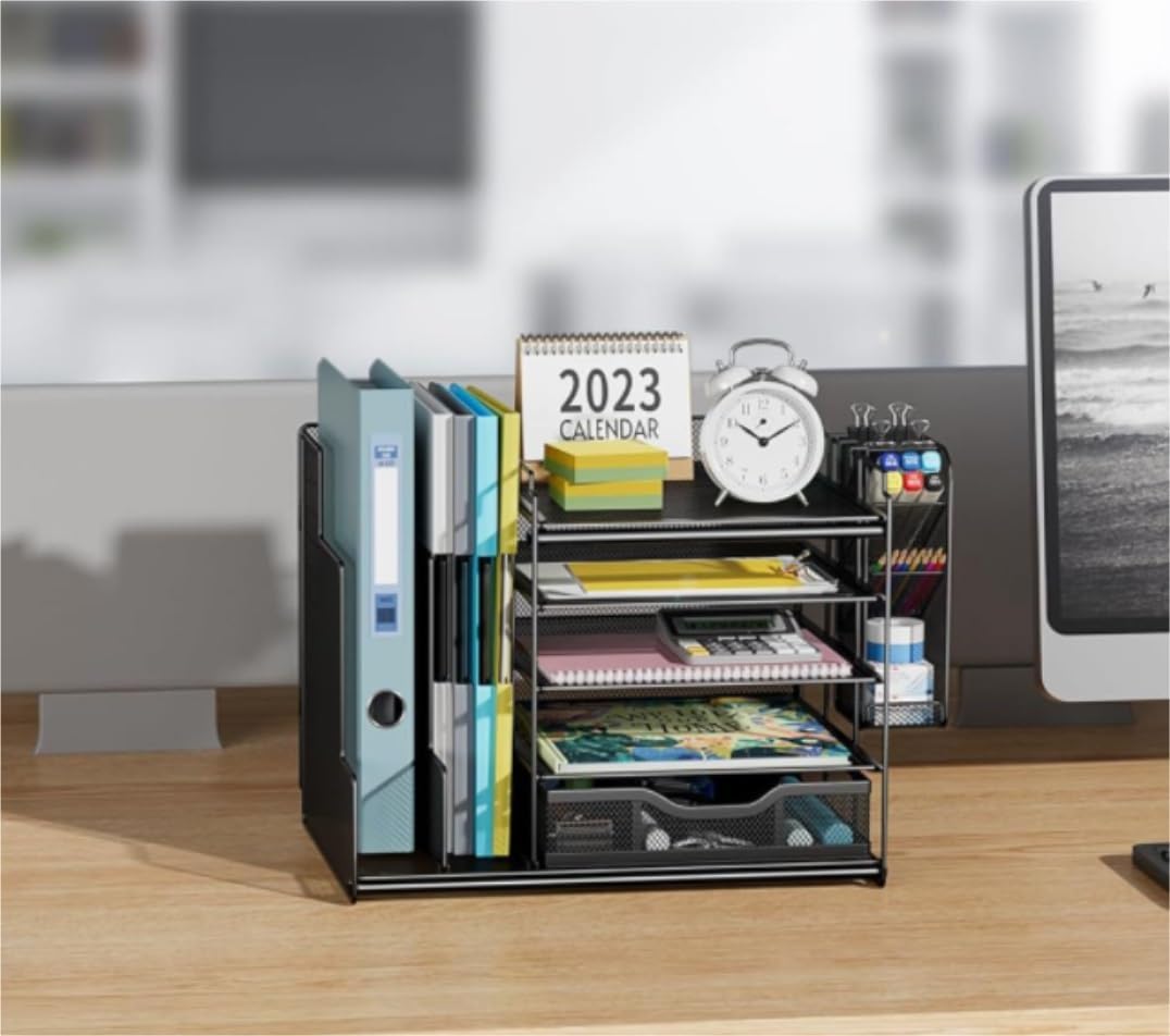 Organizzatore Scrivania Organizer da Scrivania per Ufficio Tavolo con Cassetto, 2 per File E 1 Portapenne Ufficio
