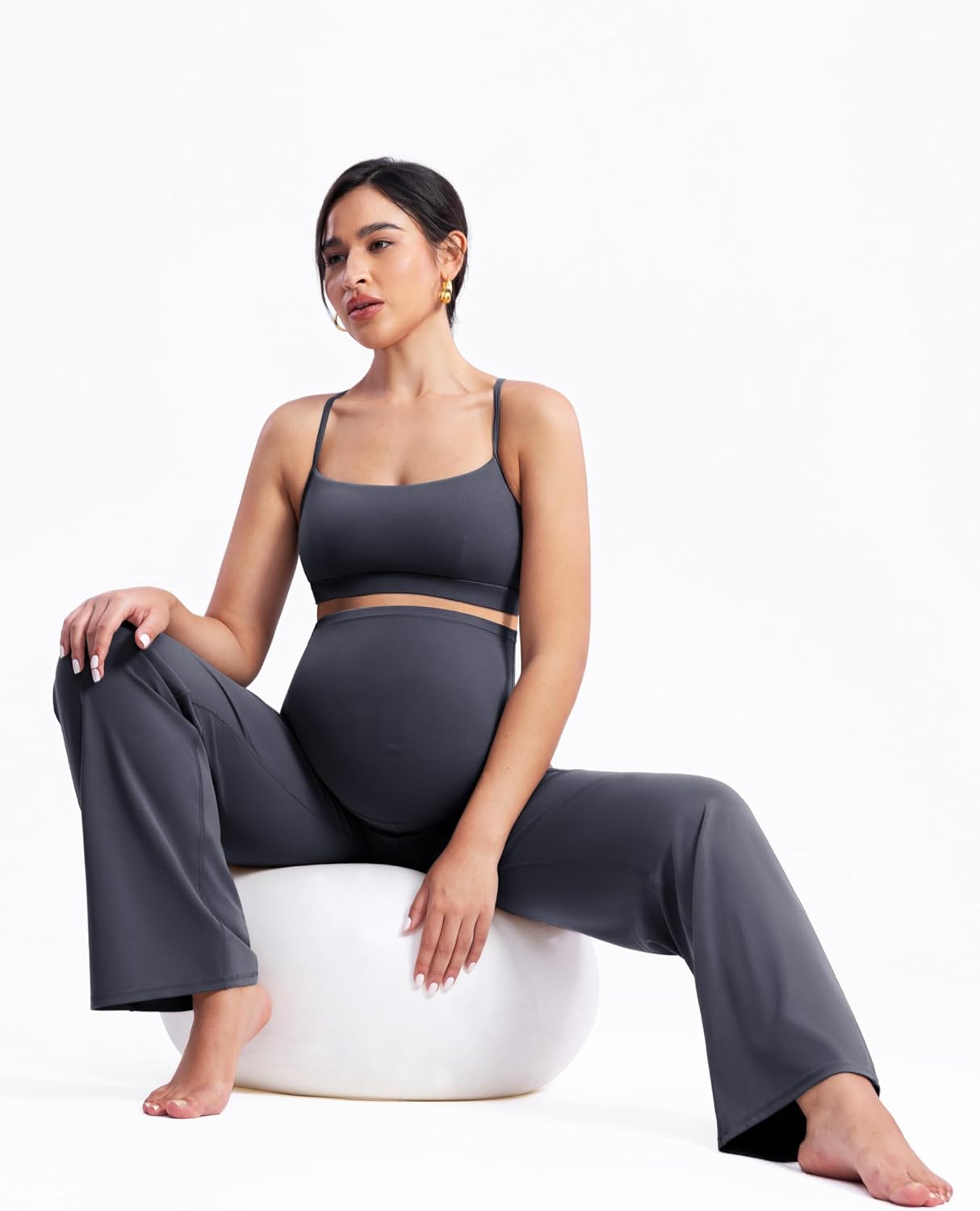 POSHDIVAH Women's Creamluxe Maternity Yoga Wide Leg Pants Petite/Regular/Tall Pregnancy Work Dress Sweatpants with Pockets - Image 6