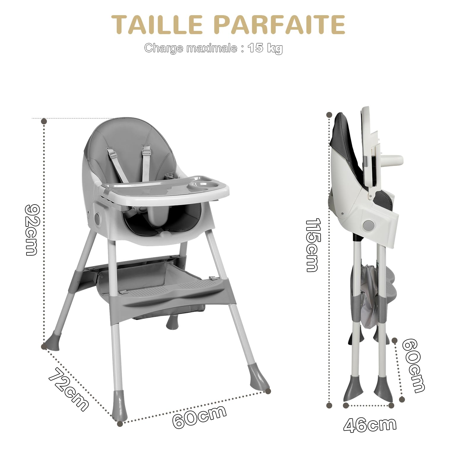 LEADZM 3 en 1 Chaise Haute Bébé Pliable, Plateau Double Amovible, avec Roulettes Pivotantes et Panier de Rangement, Convient aux Bébés de 6 à 36 Mois (Gris)