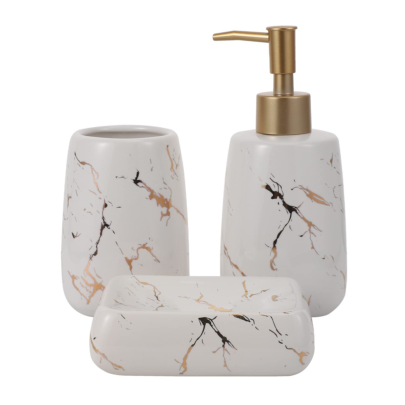 Set di 3 Accessori Bagno in Marmo Lucido Bianco, Contenitore Sapone, Portaspazzolino e Flacone Lozione, Compatto e Portatile per Organizzazione Lavabo e Igiene Quotidiana