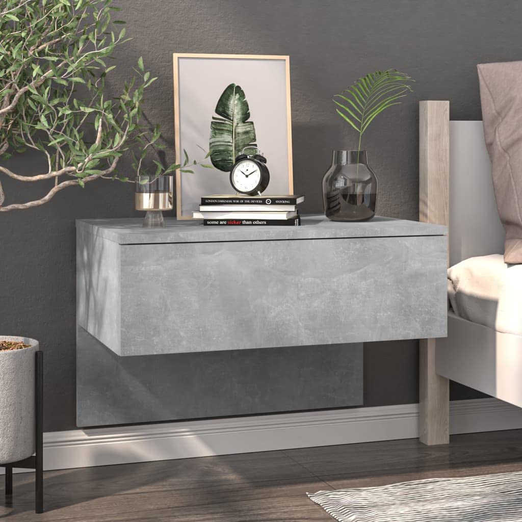 Table de chevet murale gris béton 60x40x40 cm avec tiroir et niche en bois d'ingénierie