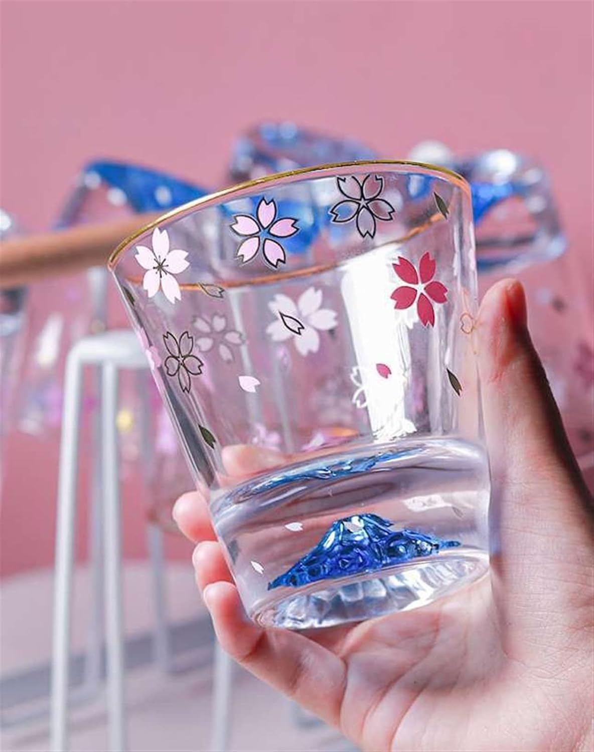 INLIMA Drinking Glasses Phnom Penh Transparent Glass Cups Pink Water Glasses Clear Glass Cold Drink Juice Cup (Color : Cherry blossom style)