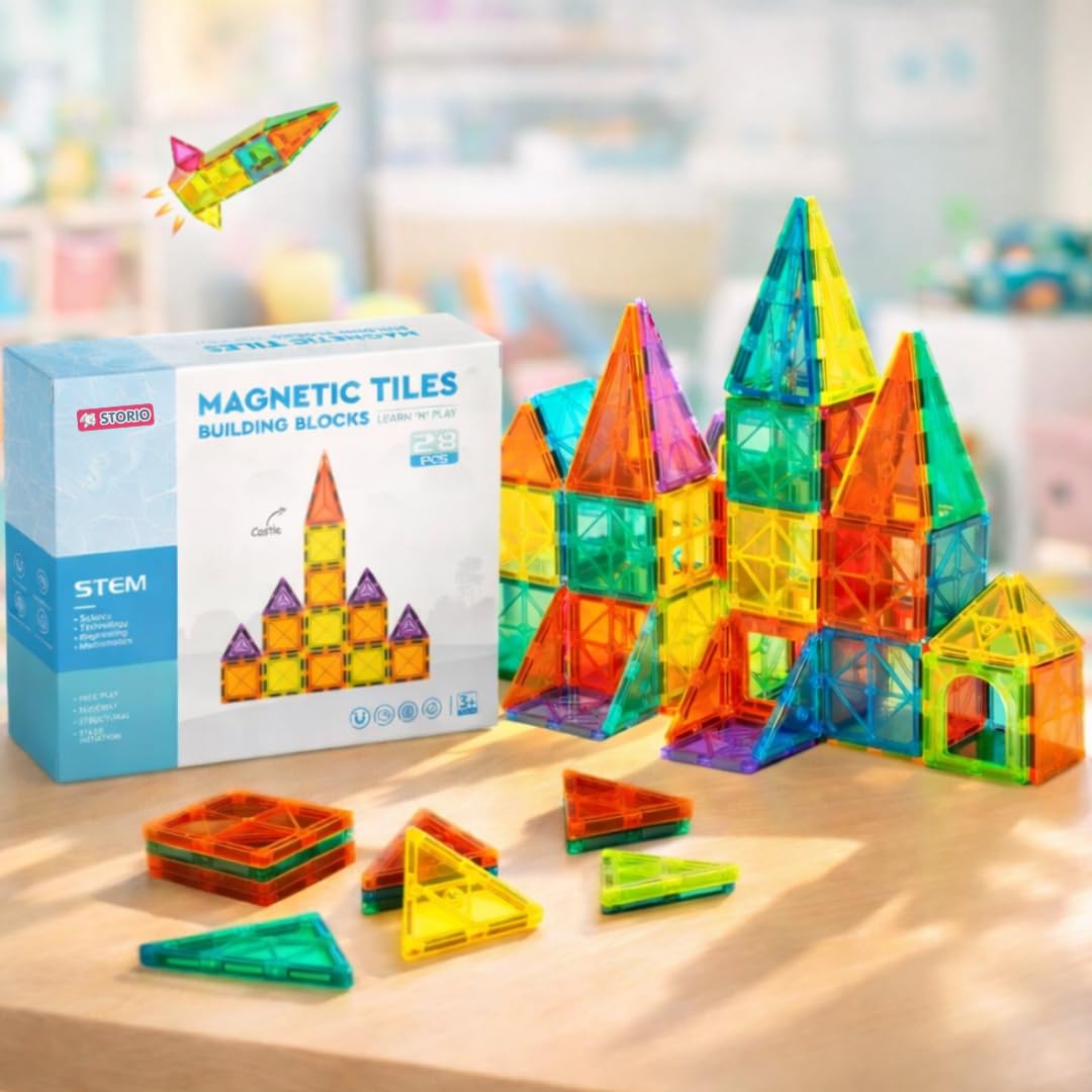Storio 3D Magnetic Tiles Building Blocks for Kids 3-8 Years - 28 pcs | STEM Learning Educational Toy | Creative Construction Toys | Preschool Brain Development Toy | Birthday Gift for Boys & Girls-image-37