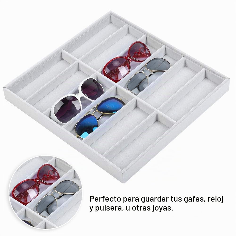 Tiiyee Organizador de Gafas, Organizador Gafas Caja 12Rejillas para Gafas Sol Bandeja Exhibición Terciopelo Las Lentes Clasificación Sol la Almacenamiento Colección Joyas