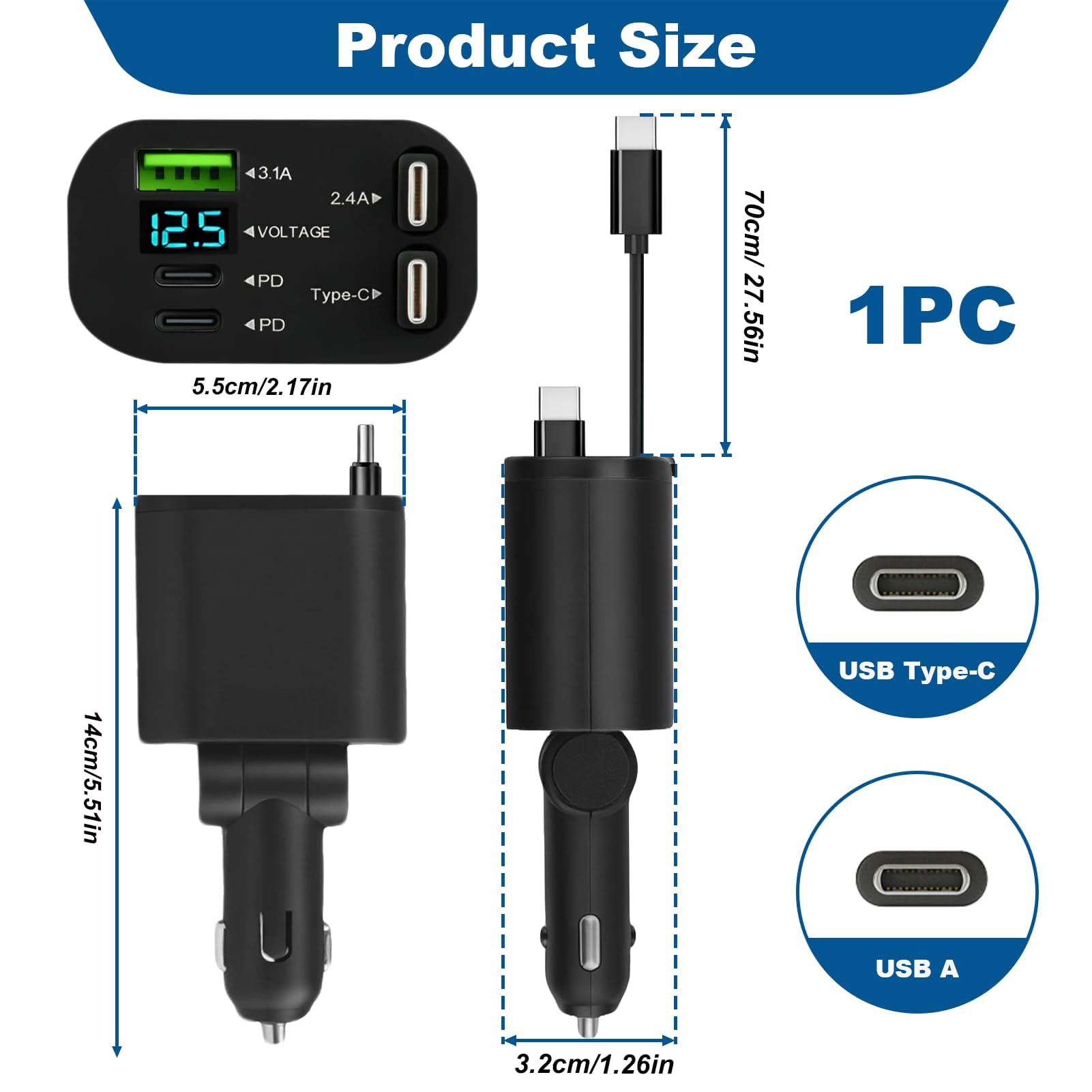 5 en 1 Cargador Coche Carga Rápida 45W Retráctil Adaptador USB Cargador Mechero QC3.0 USB-C/USB-A y Cable Retráctil Tipo C PD30W para iPhone 17 16 15 Samsung Galaxy S24 S23 S21 — view 5