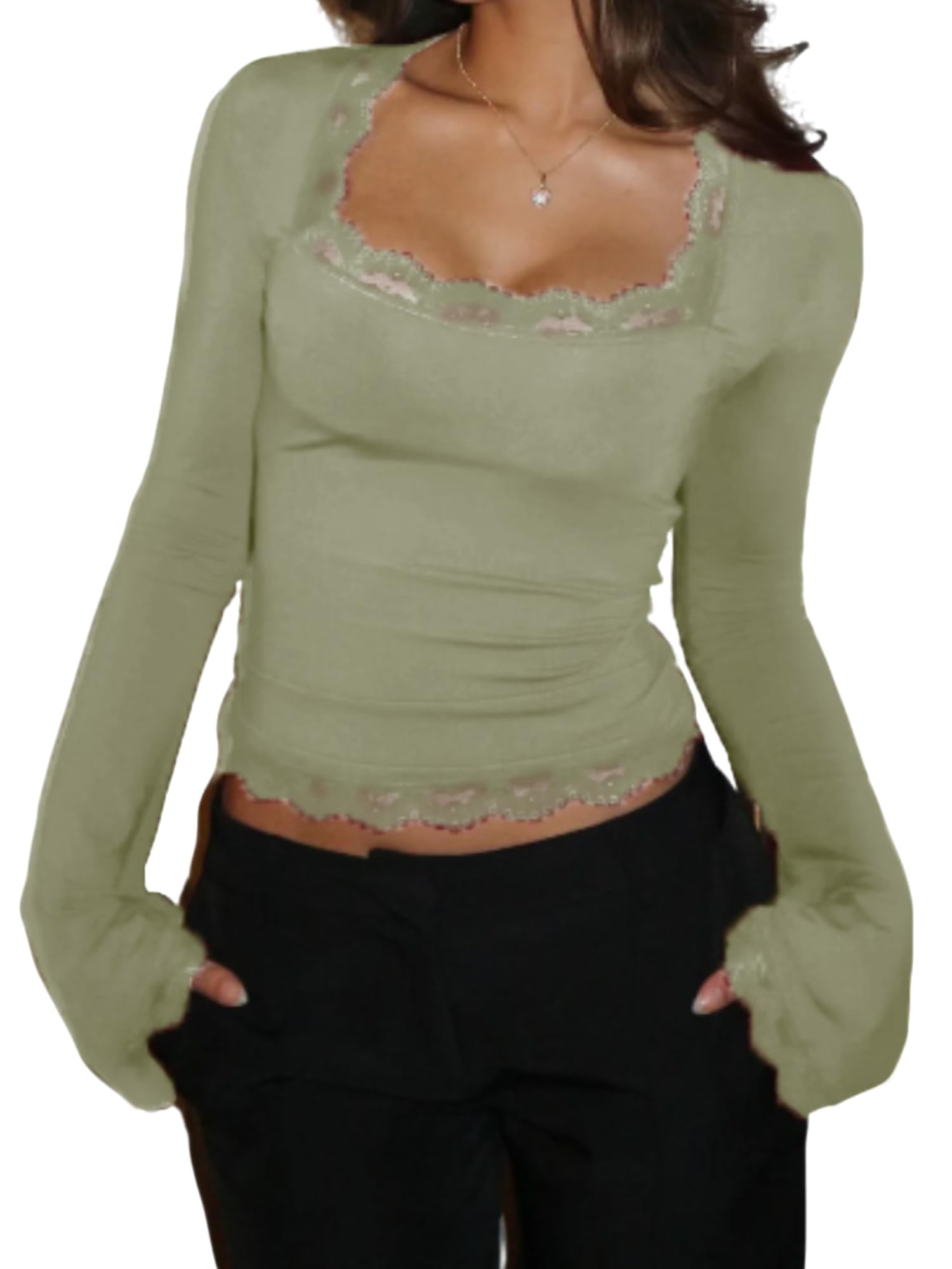 Lxootd Long Sleeve Shirts for Women Lace Trim Y2k Crop Top Casual Square Neck Blouses 2025 Trendy Fall Tops (A-Light Green, L)