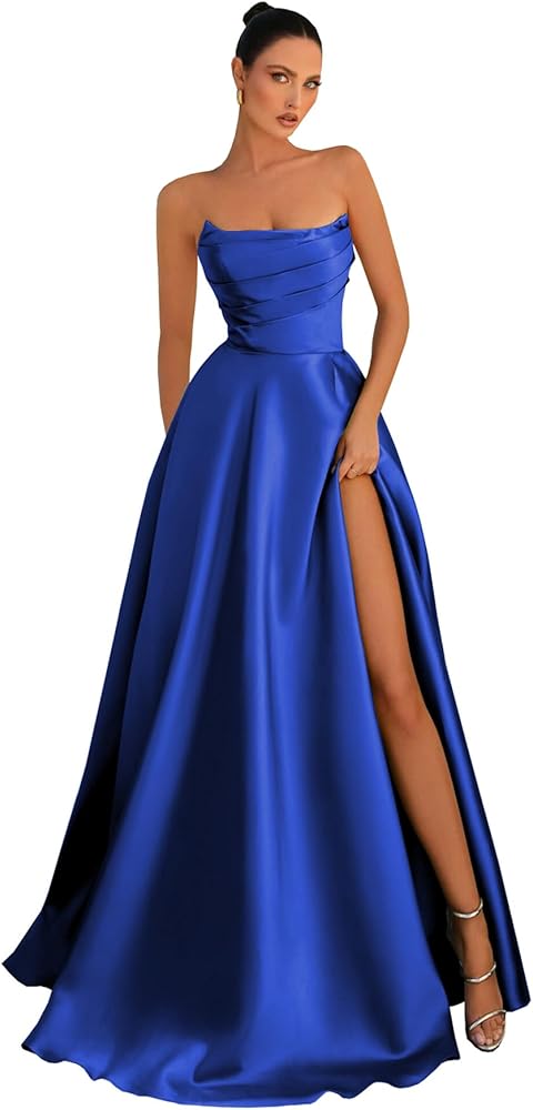 Amazon.com: BANTRATIC Pleated Satin Royal Blue Prom Dress Plus Size Long  Formal Evening Dresses Strapless Bridal Gowns with Slit 24W : Clothing,  Shoes & Jewelry