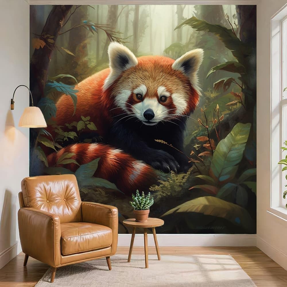 Fototapeta 300 x 210 cm Dżungla Zwierzęta Panda Czerwony Liść Tapeta Ścienna Efekt 3D Włókniny Zielony Mural Sypialnia Salon Tło TV i Sofa