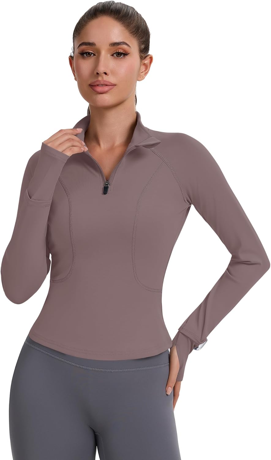 Avoogue Womens Long Sleeve Workout Tops Quick Dry Quarter Zip Pullover Crop Slim Fit Althletic Golf Shirts with Thumb Holes - Image 3
