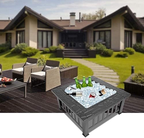 Miniatura 8 de Outdoor Portable 32-Inch Metal Fire Pit, Barbecue Square Table, Backyard Patio Garden Stove, Wood-Burning Fireplace, Suitable for Garden Outdoor