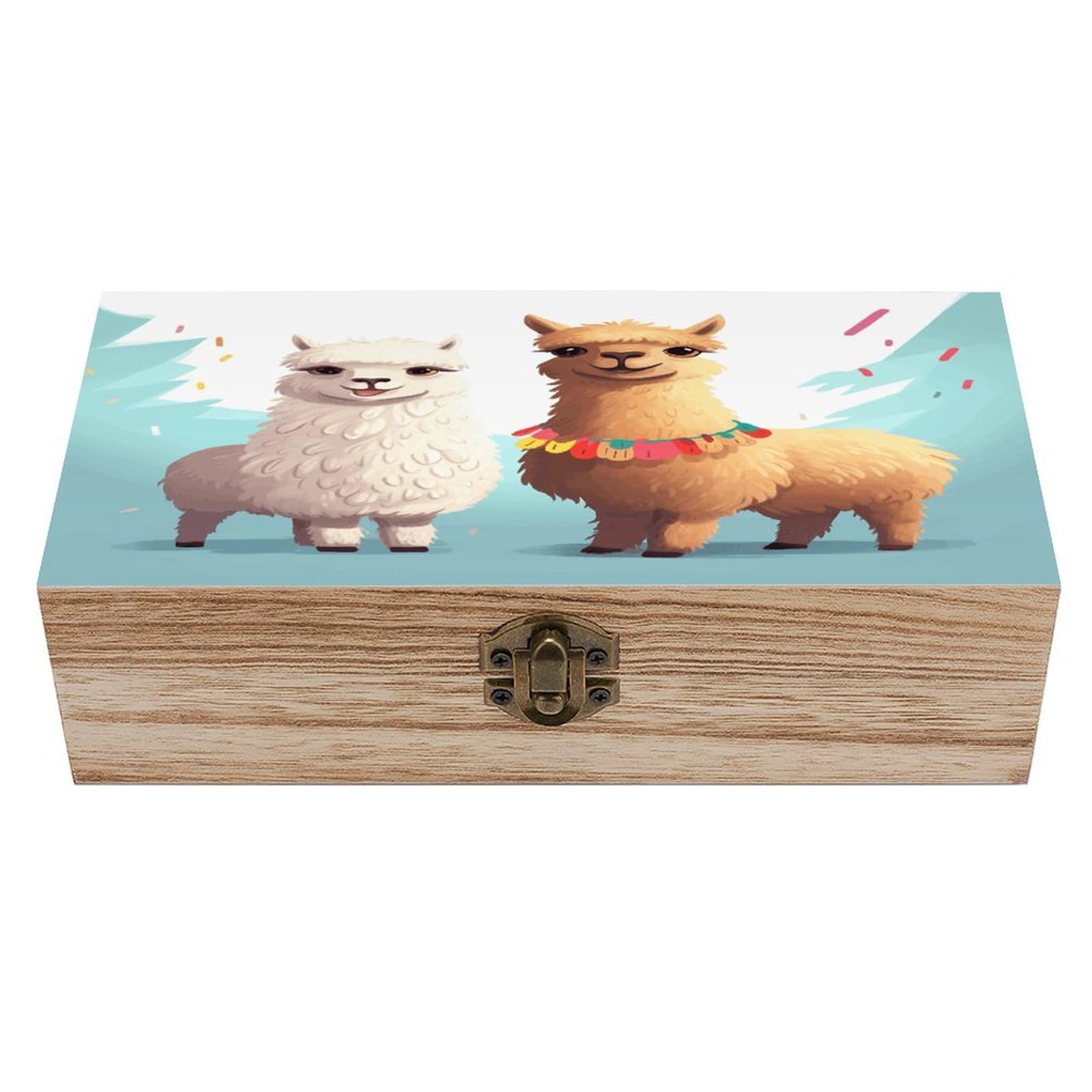 VstaDank Llama Alpaca Wooden Box with Hinged Lid Handmade Wooden Jewelry Boxs Organizer Personalized Woodens Keepsake Box for Pictures Wedding Photo Jewelry Decorative Chest Rustic Crate