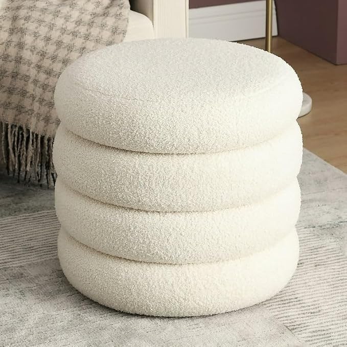 Puffy Vanity Chair for Dressing Table – Modern Bouclé Dressing Stool, Round Sofa Stool, Plush Footrest Ottoman for Bedroom & Living Room (Off White)-image-18