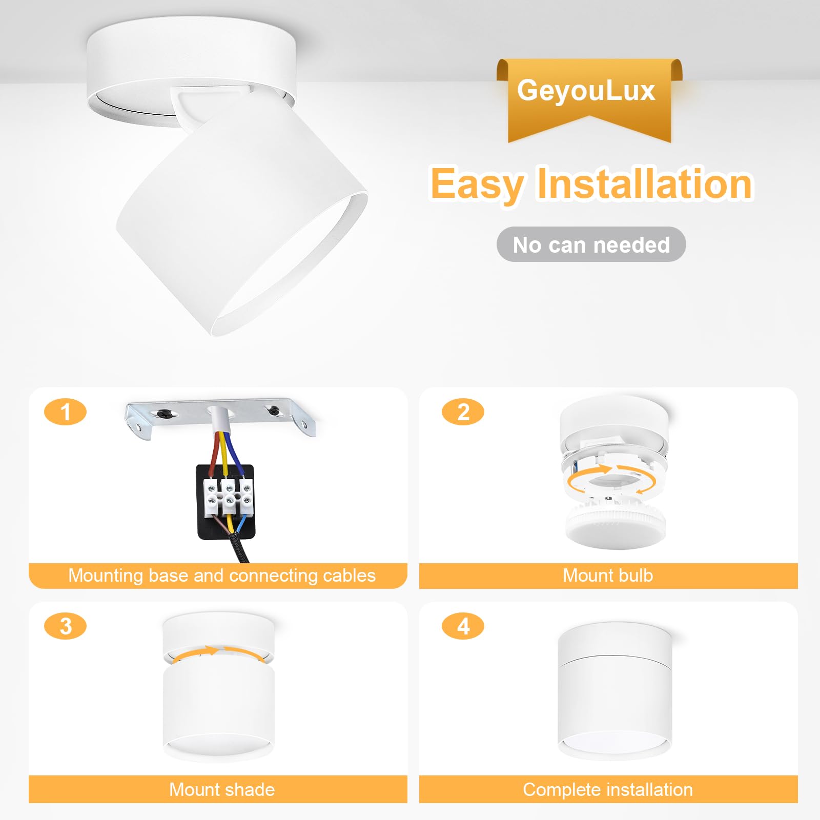 GeyouLux Faretto da soffitto LED Orientabili, 7W 800LM Faretti LED Soffitto Interno 350°+90°, Alluminio, Lampadina LED GX53 Incluso, 3000K/4500K/6500K Faretto LED Interno Bianco 1 Pezzo