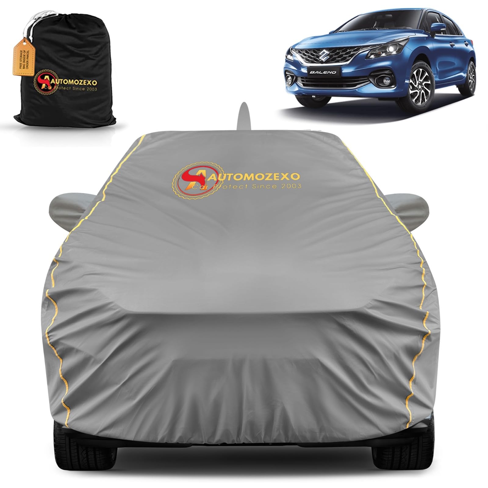 Maruti Baleno 100% Waterproof Car Cover for All Weather Protection with Mirror & Antena Pocket Inner Cotton Triple Stitched Cover with Adjustable Belt Bottom Elastic to Secure Fit -Grey