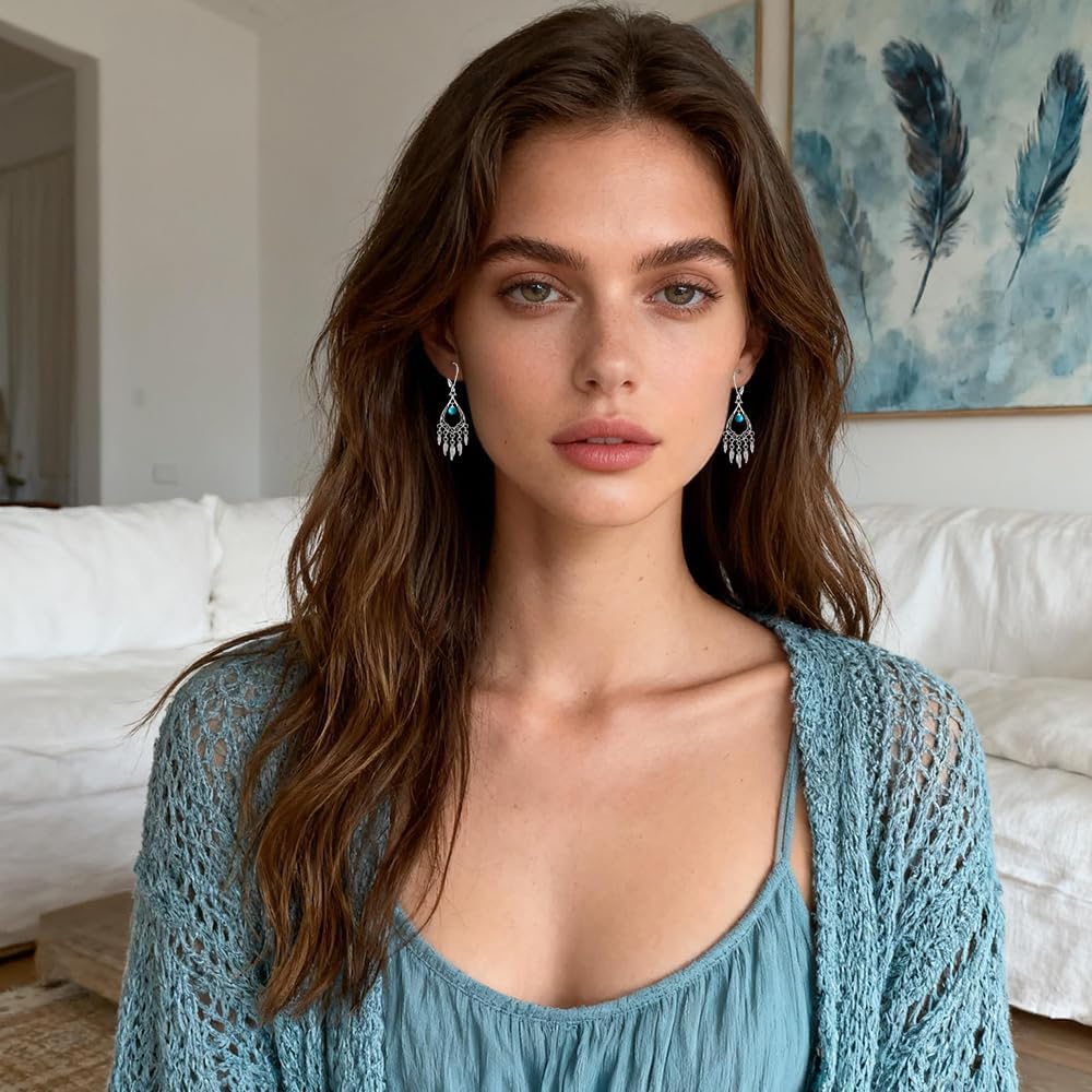 Feather Earrings for Women Sterling Silver Turquoise Boho Dangle Earrings Western Jewelry Gifts for Women - Image 7