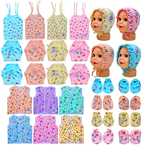 V.B.K® Baby Boys and Baby Girl Clothing Set / Gift Set With Jabla (10 Pcs), Nappy (8 Pcs), Hand Mittens (4 Pair), Leg Booties (4 Pair) and Cap (4 Pcs), Pure Hosiery Skin Friendly Fabric, 0 to 6 Months