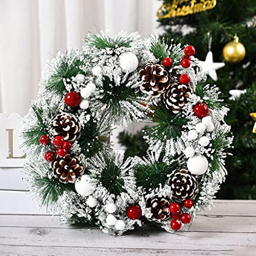 Couronne artificielle de Noël 32cm enneigée, décoration de porte hivernale pommes de pin et baies - 6