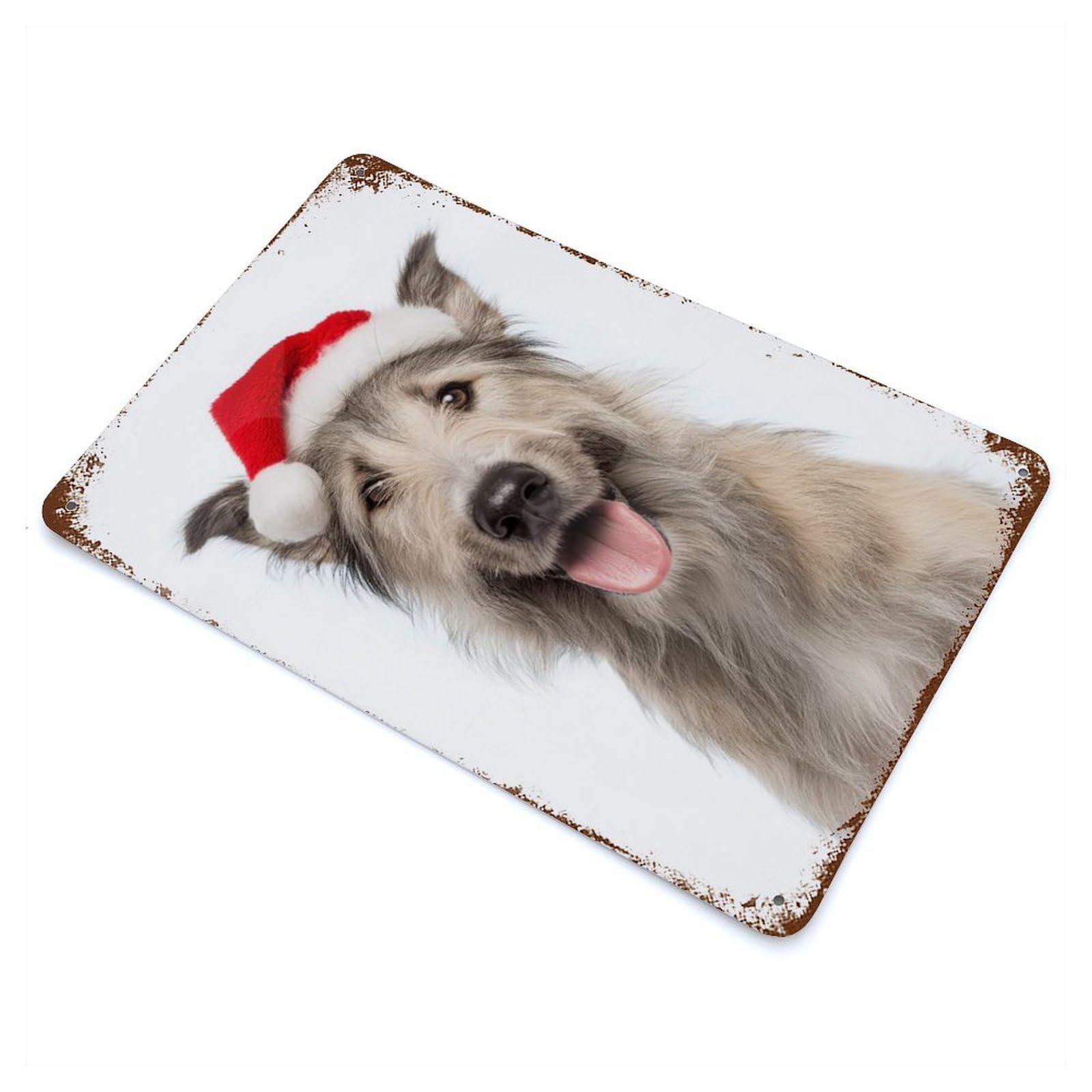Weathered Tin Sign with Berger Picard Dog with Santa Hat Design 11.8"x7.9", for Garage, Bar And Workshop Decor, Decorative Metal Wall Art