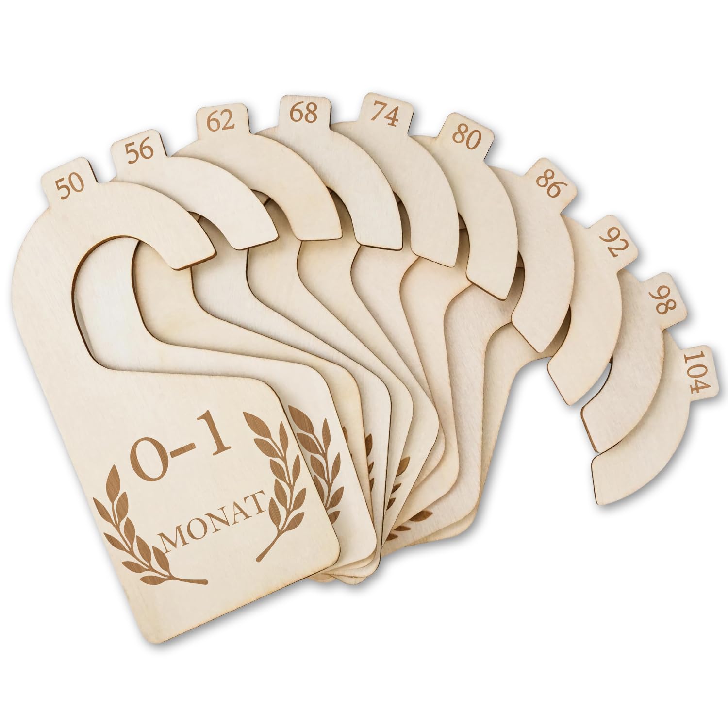 10 Stück Größentrenner Baby, Kleiderbügel Babykleidung Trenner Holz 50 bis 104, Baby Größentrenner Beidseitiger Druck, Babyschrank Trennwände für Neugeborenen Kleinkinderkleidung, Hochwertiges Holz