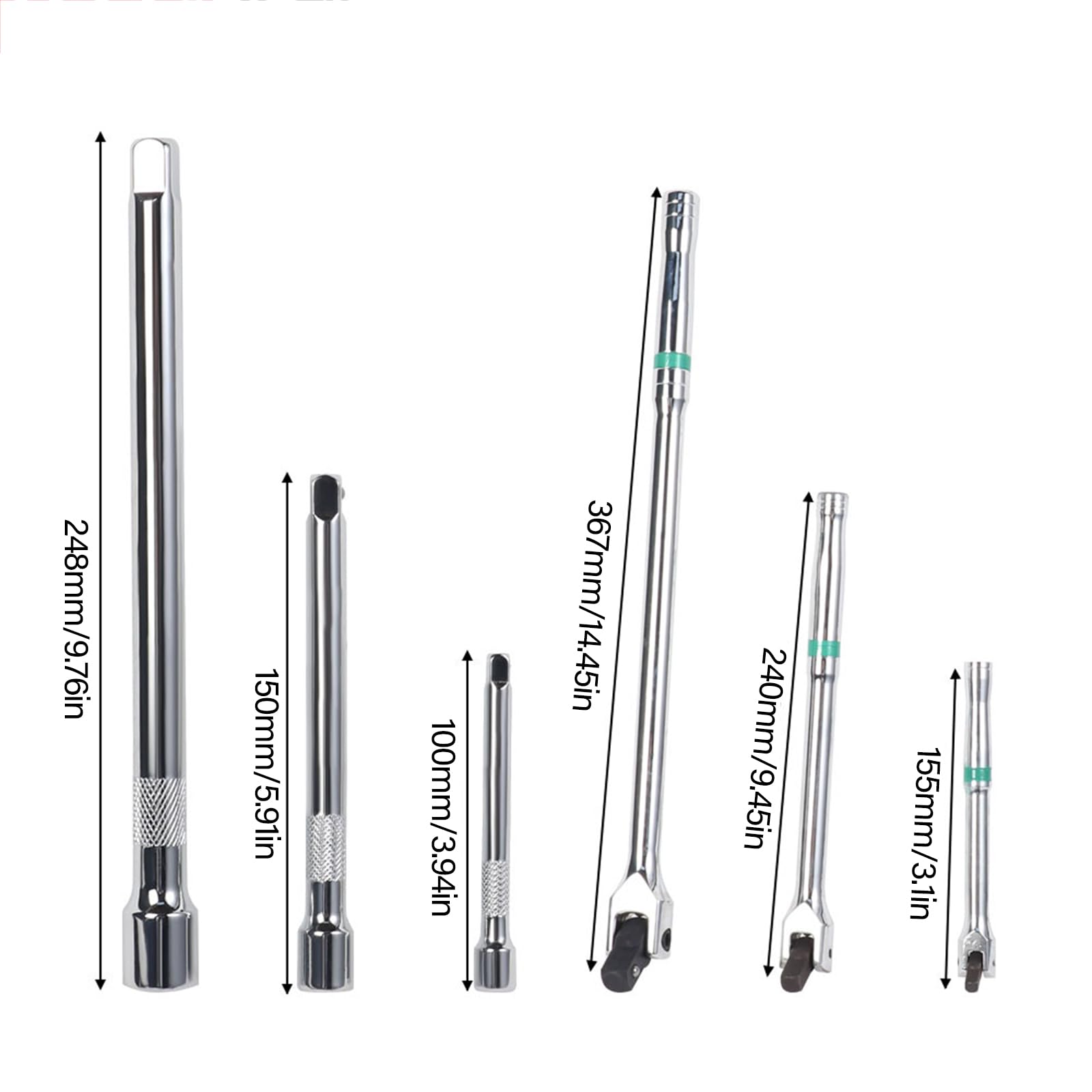 6-teiliges Breaker Rod Set 1/4 Zoll 3/8 Zoll 1/2 Zoll Antriebe Heavy Duty Breaker Rod Drehbarer Kopf Metall für einfache Lagerung