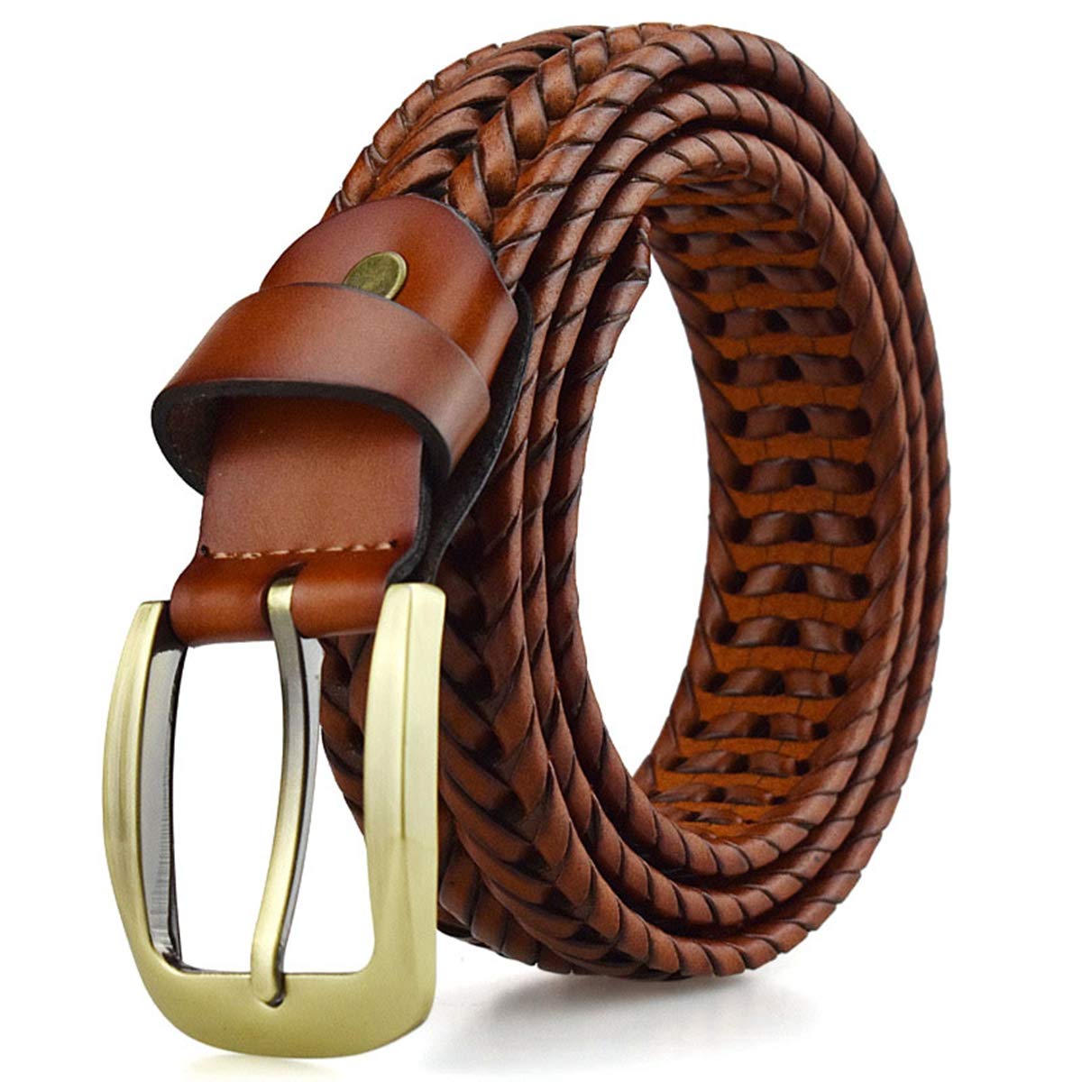 Braided Belt for Mens Woven Belts Leather Straps Hand Knitted Brown 115cm