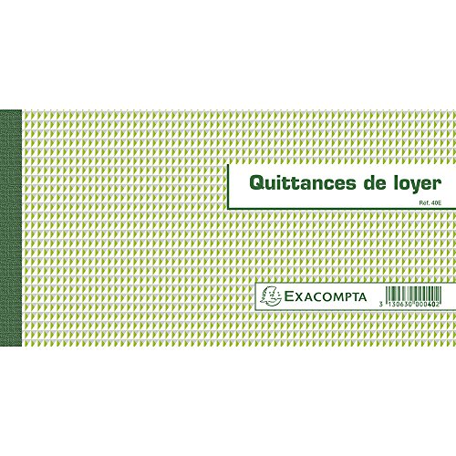 Exacompta - Réf. 40E - 1 Carnet à souche QUITTANCES DE LOYER - 50 feuillets papier chèque amagnétique 95g/m2 Clairefontaine - Chaque feuillet est prédécoupé - format horizontal 130 x 250 mm