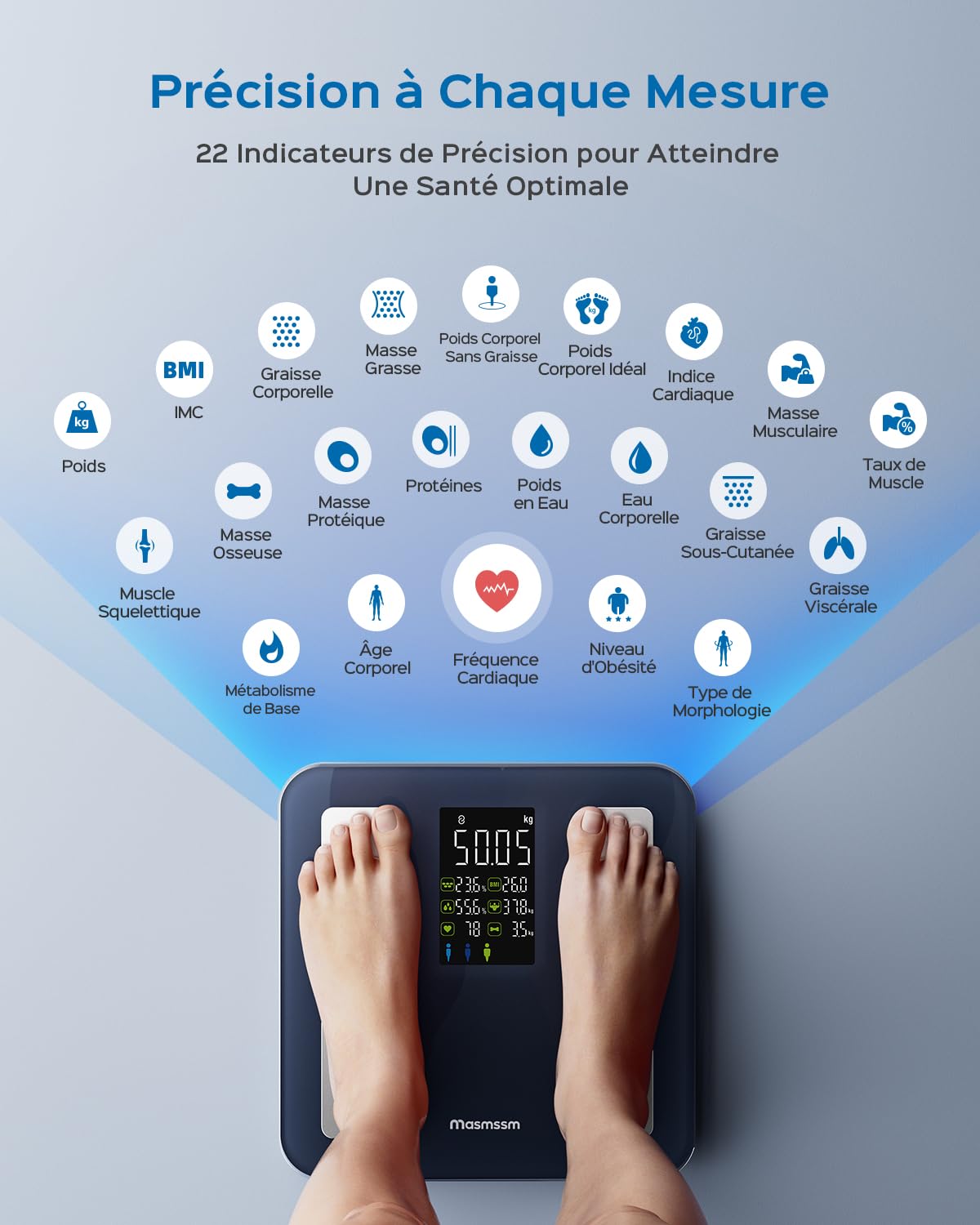 Balance Connectée Pèse-Personne, Balance Connectée Impédancemètre 8-en-1 Grand VA Écran, 22 Indicateurs dont Fréquence Cardiaque, IMC, Graisse Corporelle Pour iOS & Android, Max. 180kg